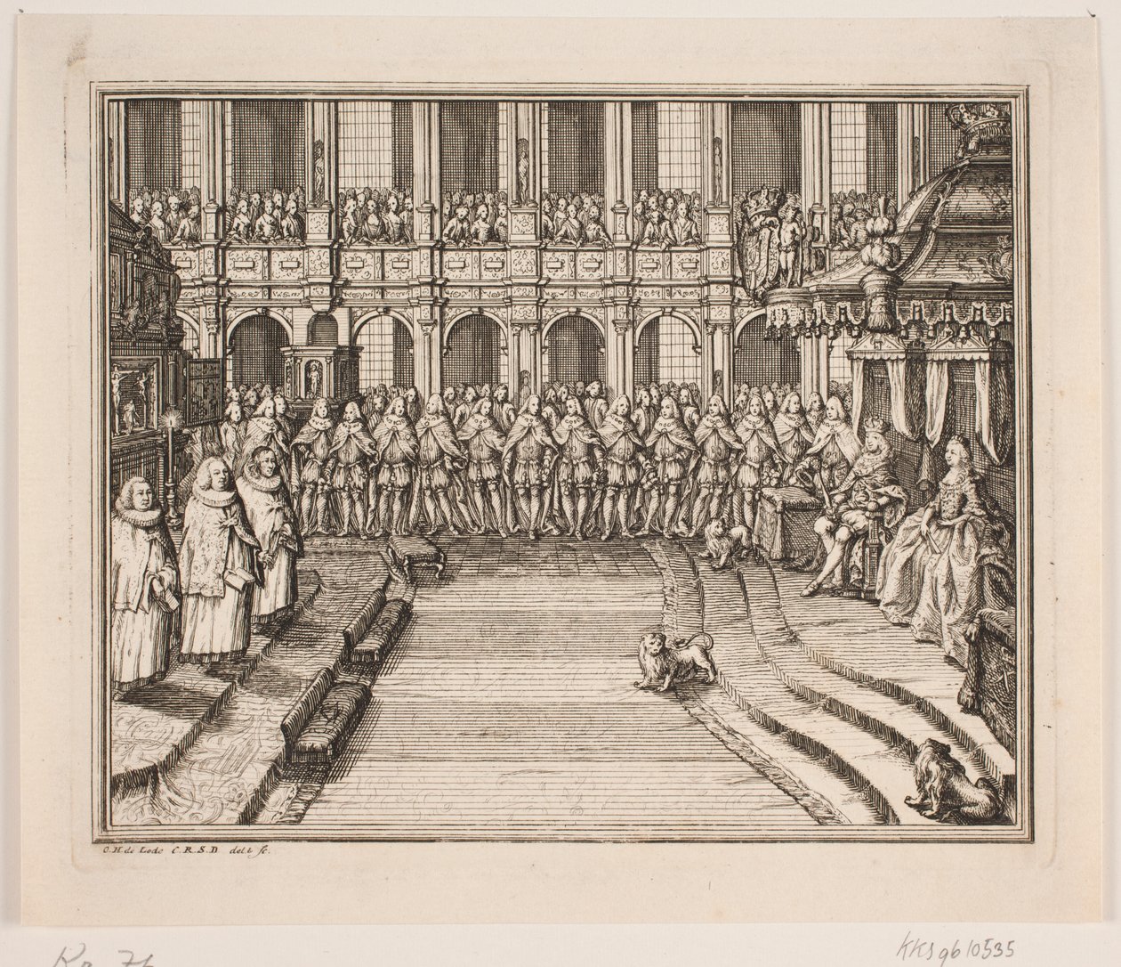 Kuningas Frederik V ja kuningatar Louise voiteluseremoniassa Frederiksborgin palatsikirkossa. Kuvitus Frederik d. IV:n voiteluteosta tekijältä Odvardt Helmoldt de Lode