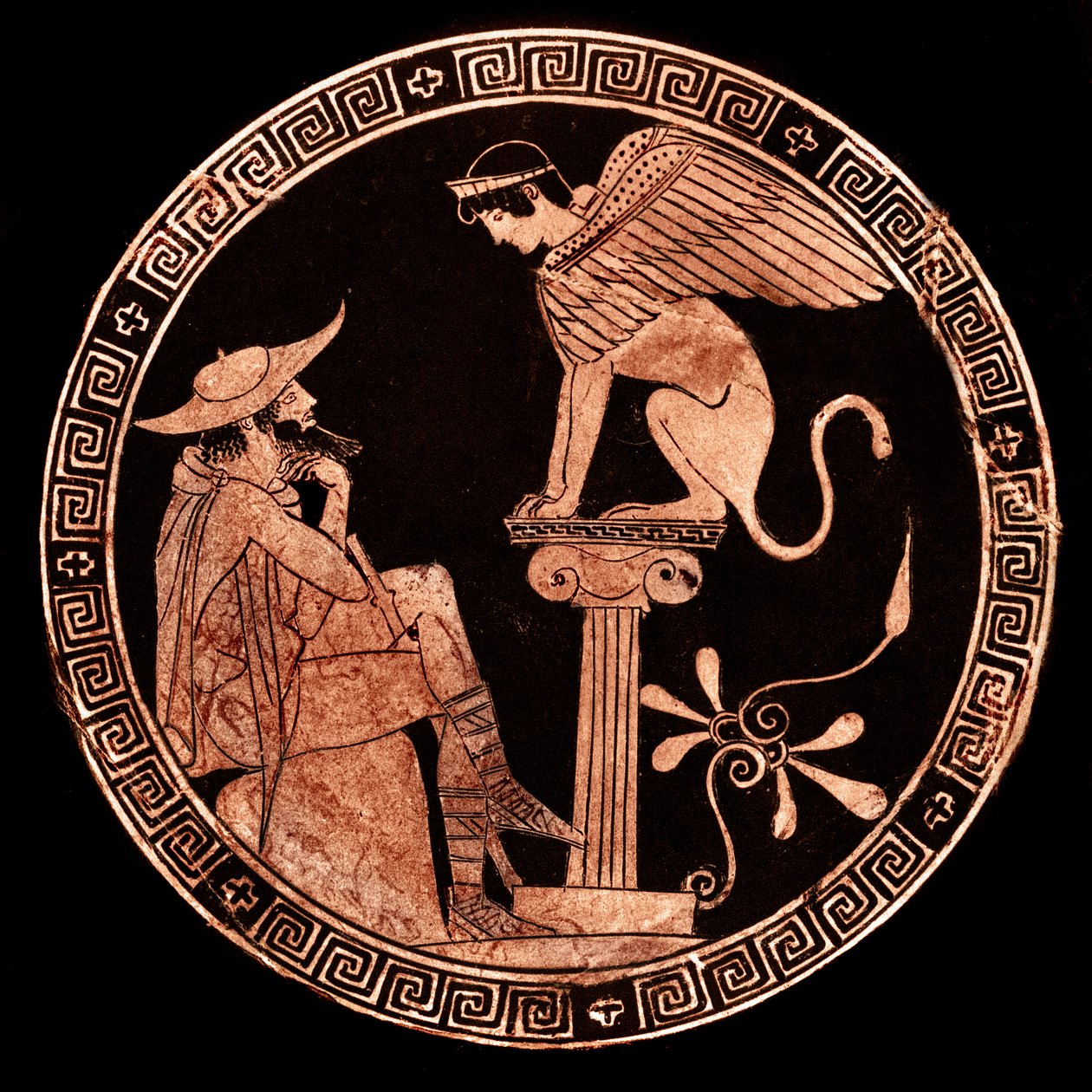 Punainen hahmo Attic kylix, joka kuvaa Oidipusta ja Sfinksiä, Vulci, n. 470 eKr. (keraaminen) tekijältä Oedipus Painter (attr. to)
