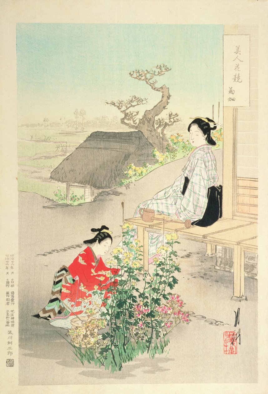"Chrysanthemum Garden", sarjasta "Kaunottaret kilpailevat kukkien kanssa", 1893 (värillinen puupainatus) tekijältä Ogata Gekko