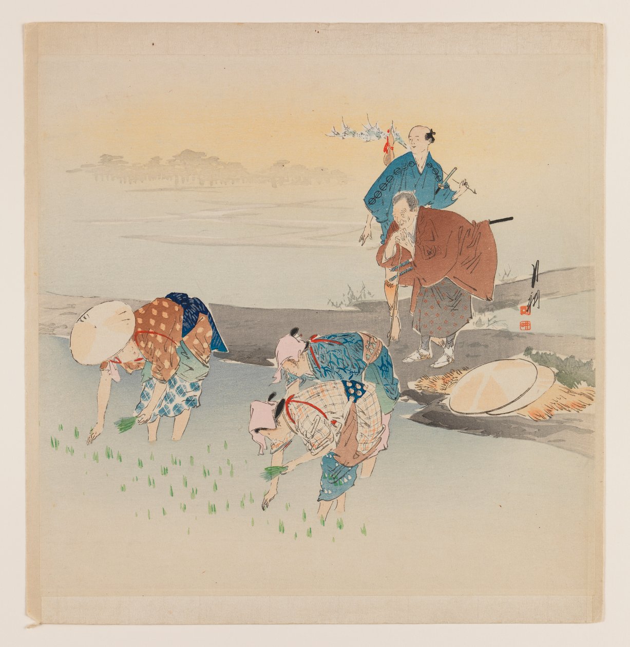 Mies ja nainen istuttavat riisiä, n. 1890-1910 (puupalikkaväripainatus) tekijältä Ogata Gekko