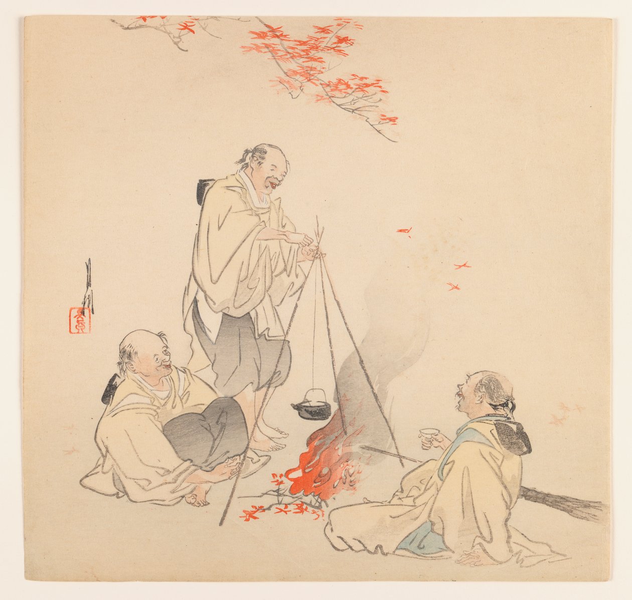 Men by Fire in Autumn, n. 1890-1910 (puupalikkaväripainatus) tekijältä Ogata Gekko