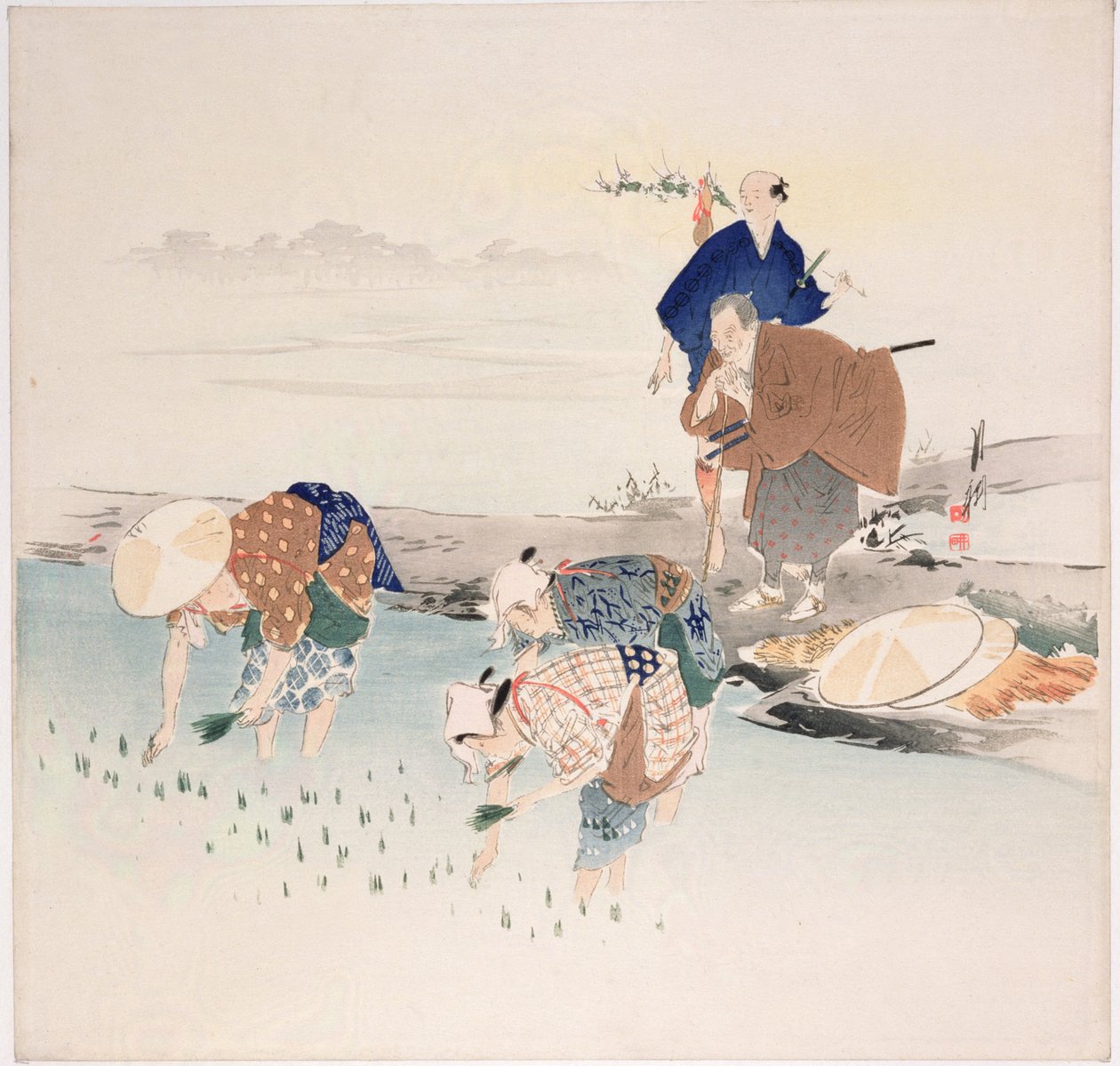 Riisin istutus, n. 1890-1900 (värillinen puupainatus) tekijältä Ogata Gekko