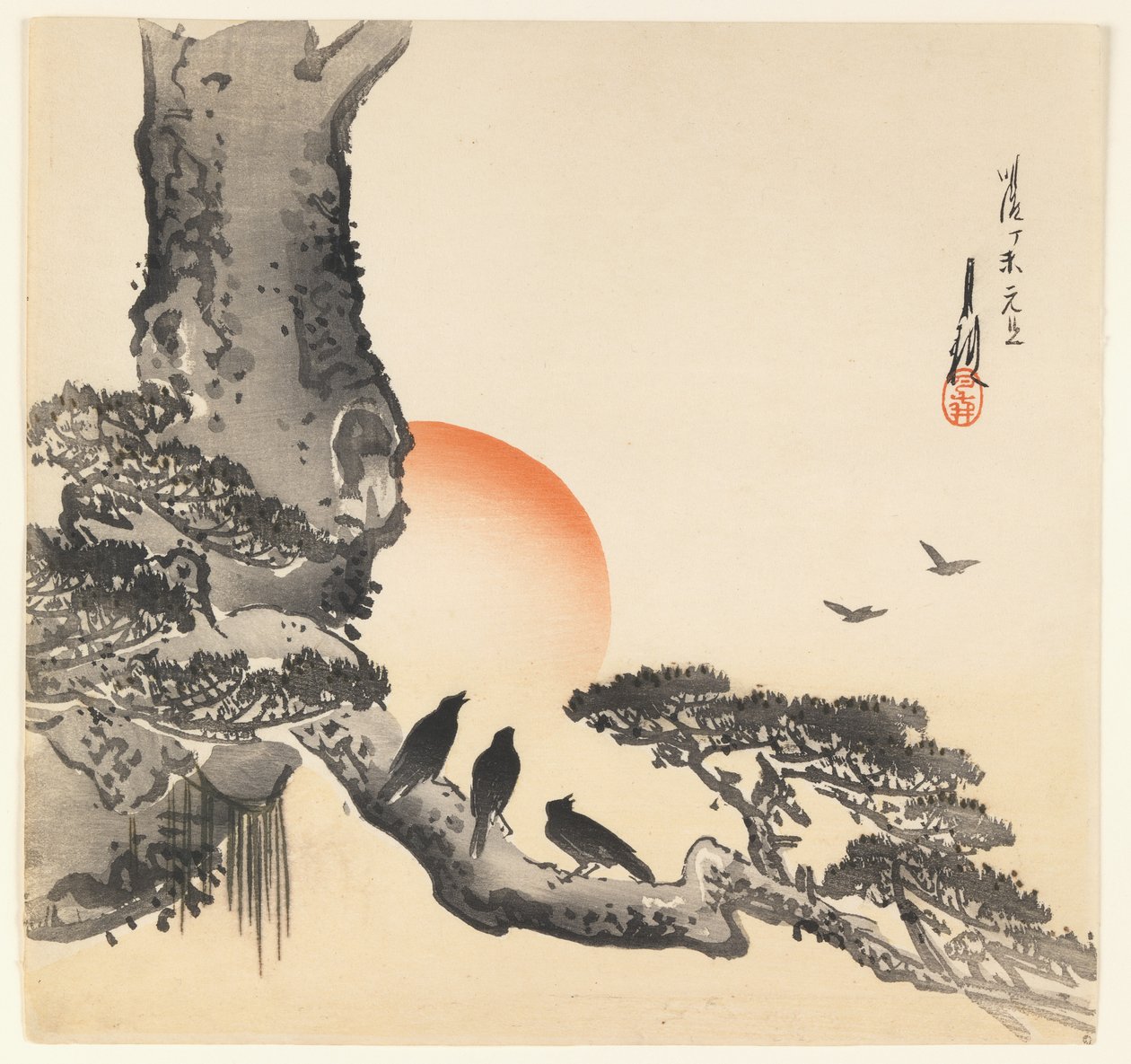 Crows on a Tree Trunk, Meiji-kausi, n. 1890-1910 (värillinen puupainatus) tekijältä Ogata Gekko