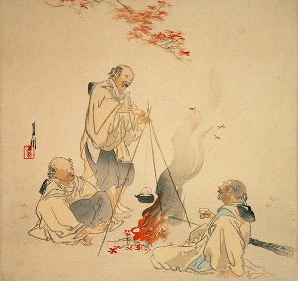 Sakeen juominen vaahteran alla, n. 1890-1900 (värillinen puupainatus) tekijältä Ogata Gekko