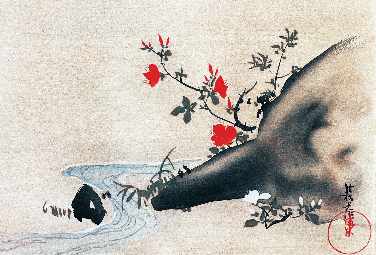 Korin Ogatan (1658-1716) silkille maalaama atsaleat ja puro, kakemonot (riippuvat kääröt), Edo-kausi (1603-1868), Japani tekijältä Ogata Korin