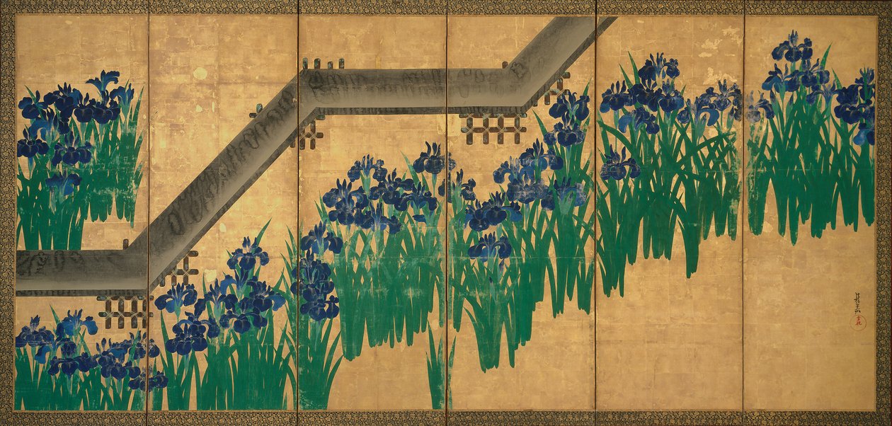 Iirikset Yatsuhashin (Kahdeksan siltaa) luona, noin 1709 (tussi ja väri lehtikullalla paperille). tekijältä Ogata Korin