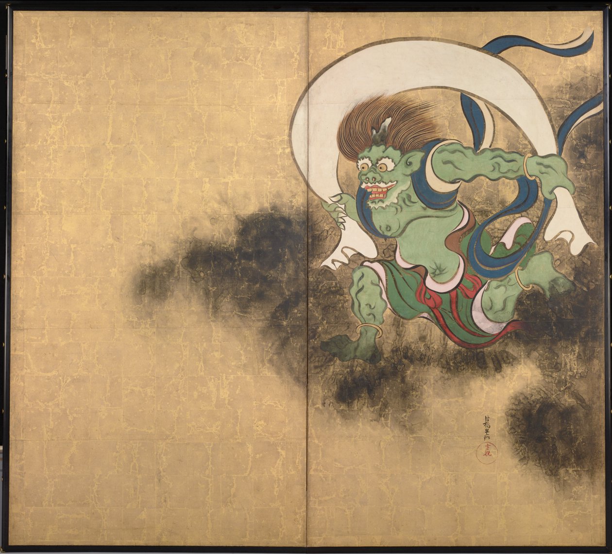 Tuulenjumala oikea osa kaksipaneelista näyttöä - Ogata Korinin (1658-1716) teos, akvarelli ja muste paperille, 1700-luvun alku, japanilainen taide, itämainen mytologia - Tokion kansallismuseo, Japani tekijältä Ogata Korin