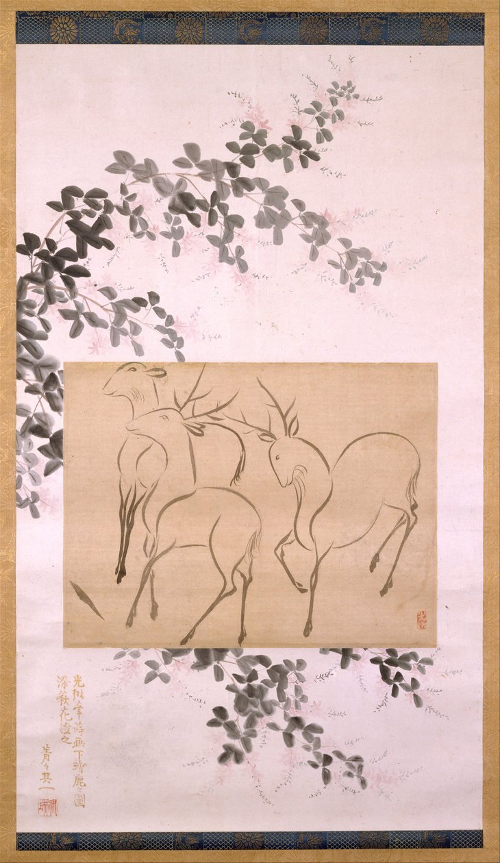 Dibuix preliminar de tres cérvols muntats sobre un rotllo penjat..., pintura del segle XIX. finlandès tekijältä Ogata Korin