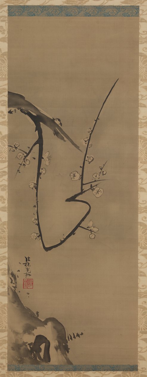 Prunus, riippuva kirjakäärö, n. 1700 (muste silkille) tekijältä Ogata Korin