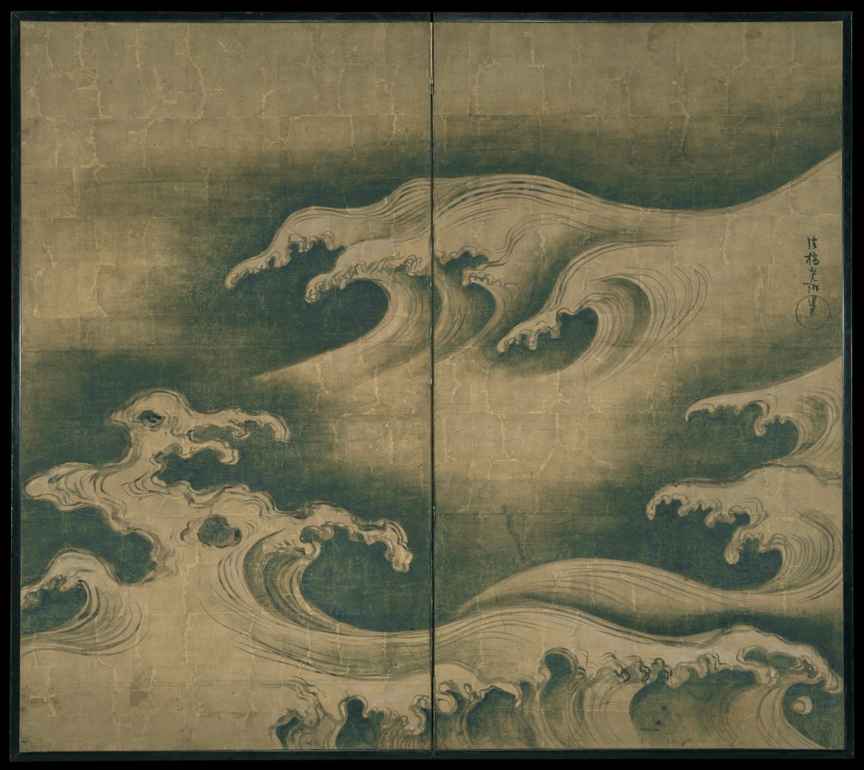 Rough Waves, kaksiruutuinen taittokangas, noin 1704-9 (muste, väri ja lehtikulta paperille). tekijältä Ogata Korin