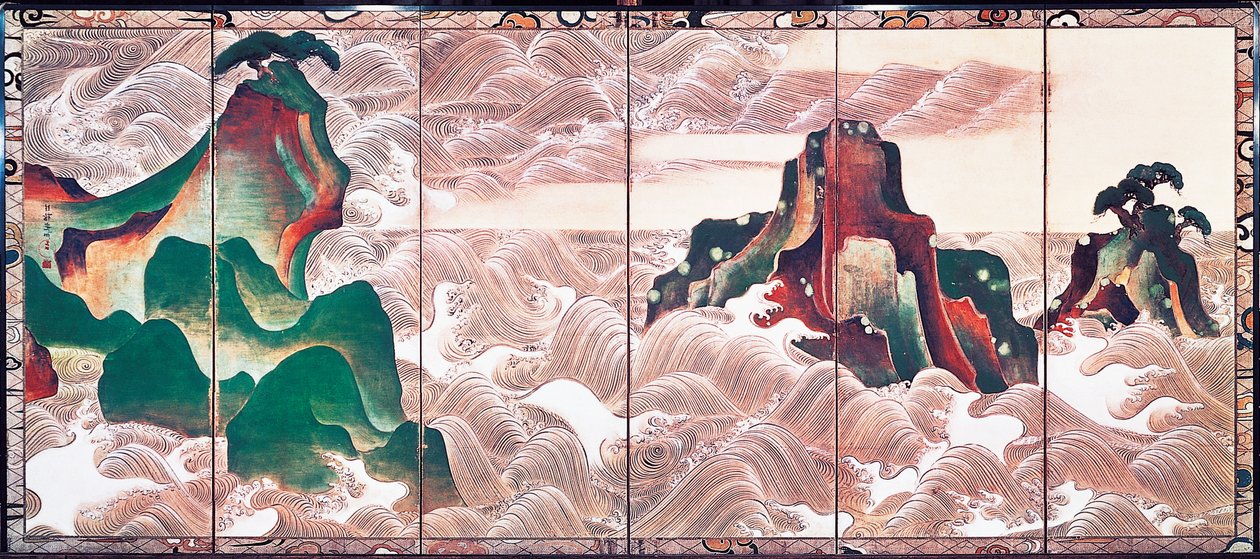 Waves at Matsushima, näyttö kuudella paneelilla, Korin Ogata (1658-1716) tekijältä Ogata Korin