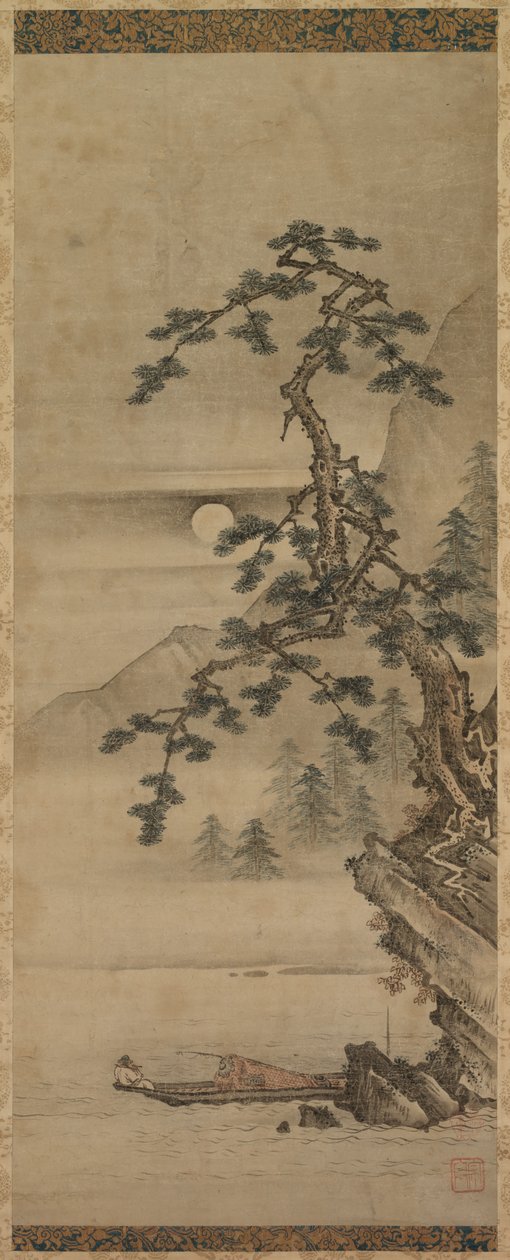 Kuutamoinen mäntymaisema vanhan miehen kanssa veneessä, Muromachi-kausi, 1392-1573. tekijältä Oguri Sotan