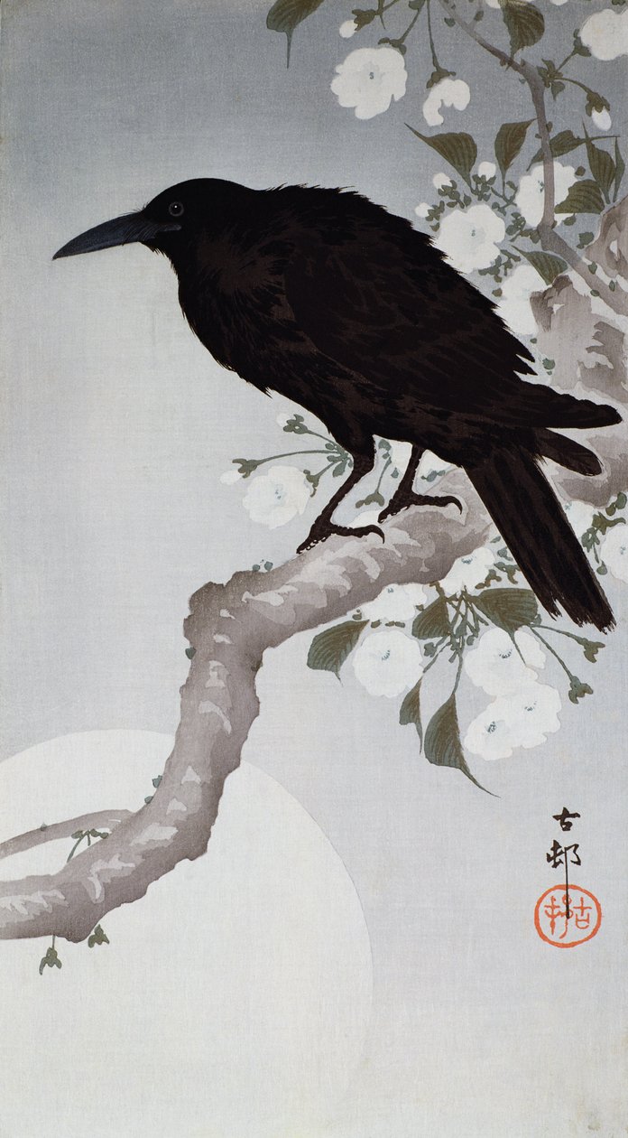 Musta lintu oksalla kuunvalossa, (värillinen puupainatus) tekijältä Ohara Koson