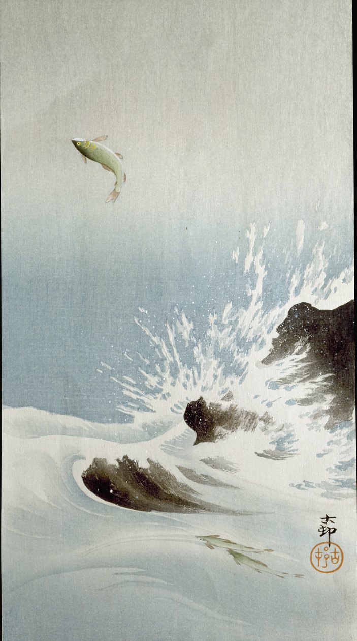 Kala hyppää vedestä, 1907 tekijältä Ohara Koson