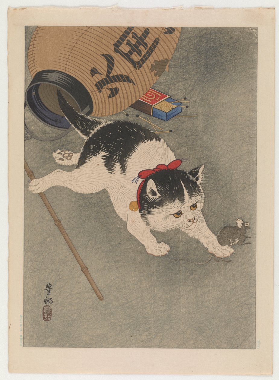 Kissa ja hiiri, n. 1930 (värillinen puupainatus) tekijältä Ohara Koson