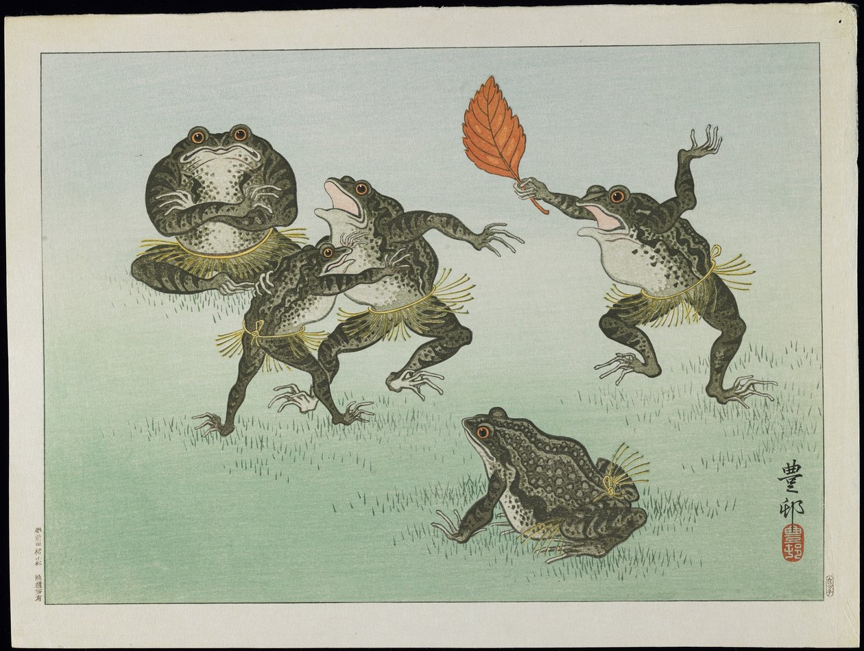 Frogs Wrestling, 1930-luku (värillinen puupalikkaprintti) tekijältä Ohara Koson
