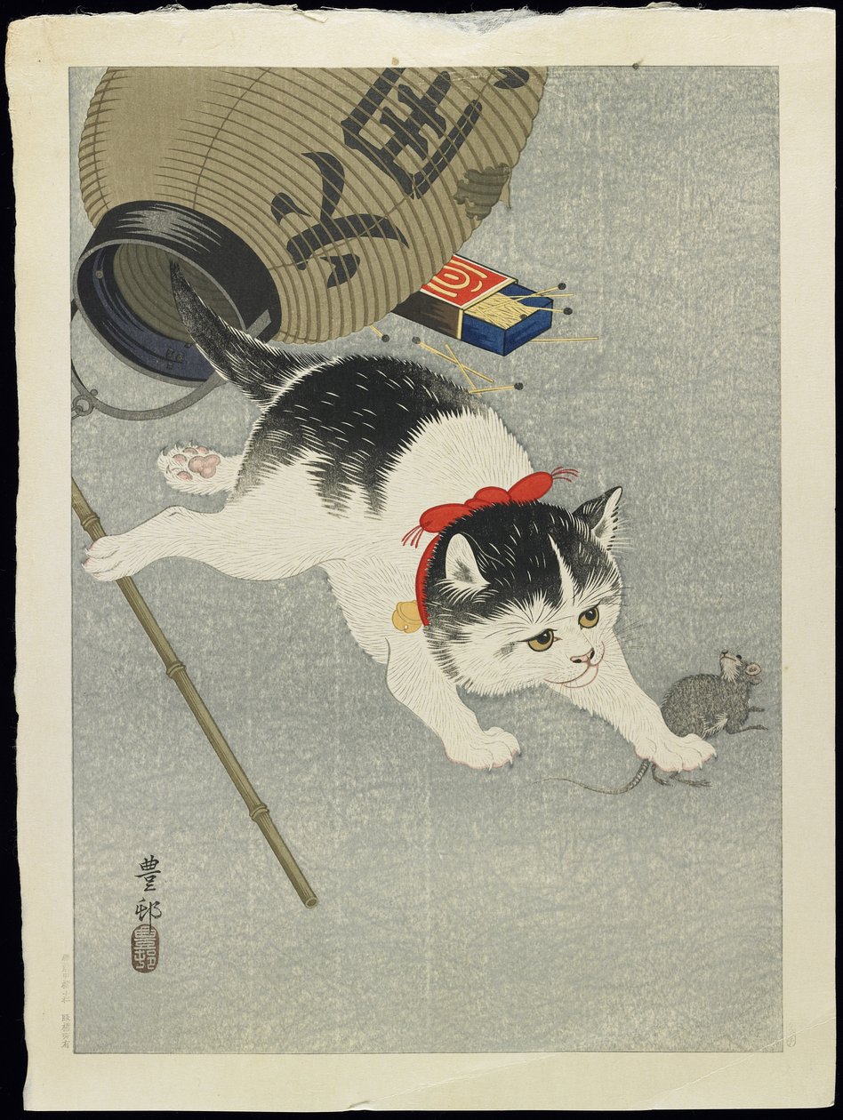 Kissanpentu ja lyhty, 1930-luku tekijältä Ohara Koson