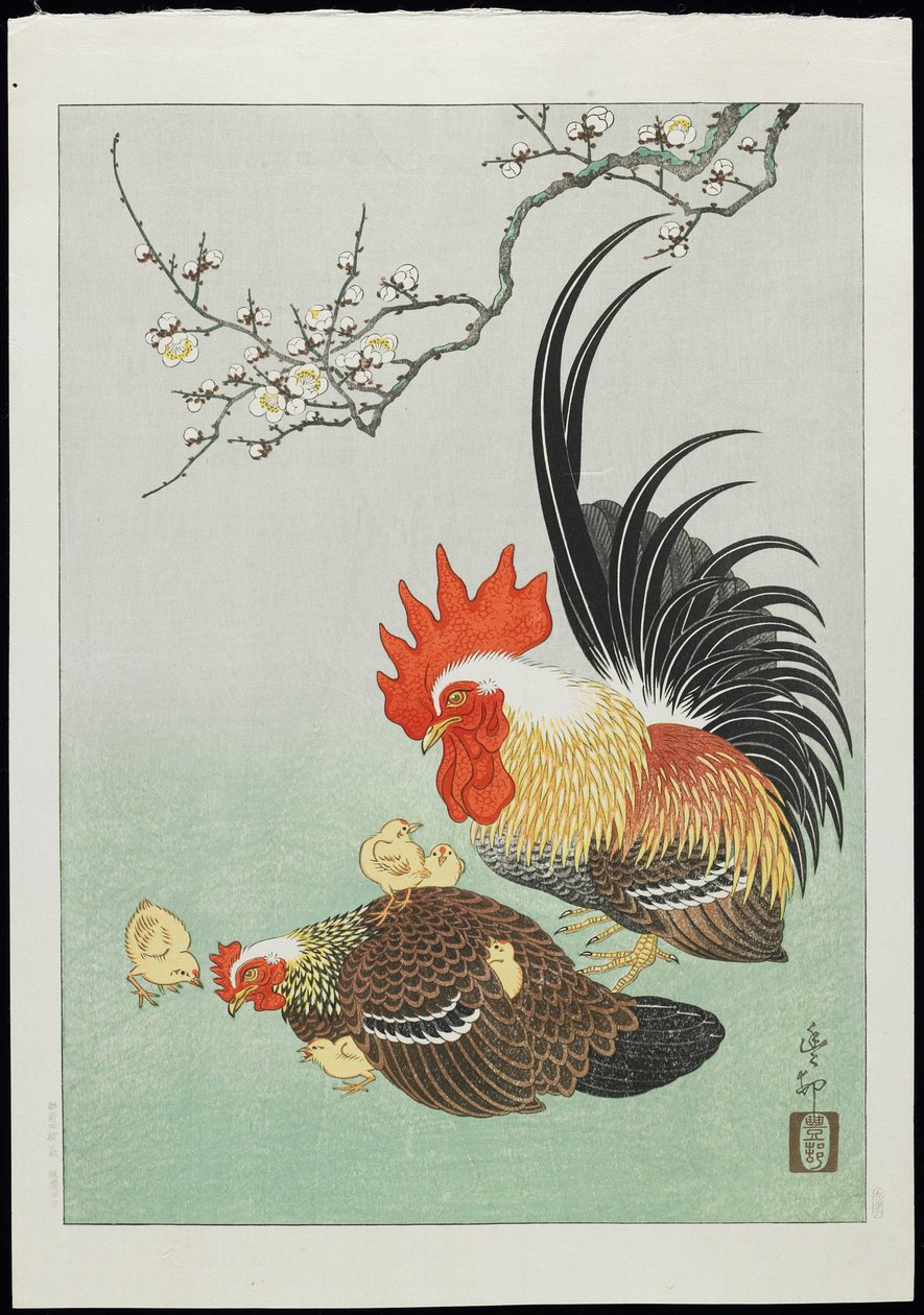 Kukko ja kana poikasten kanssa, 1930-luku tekijältä Ohara Koson
