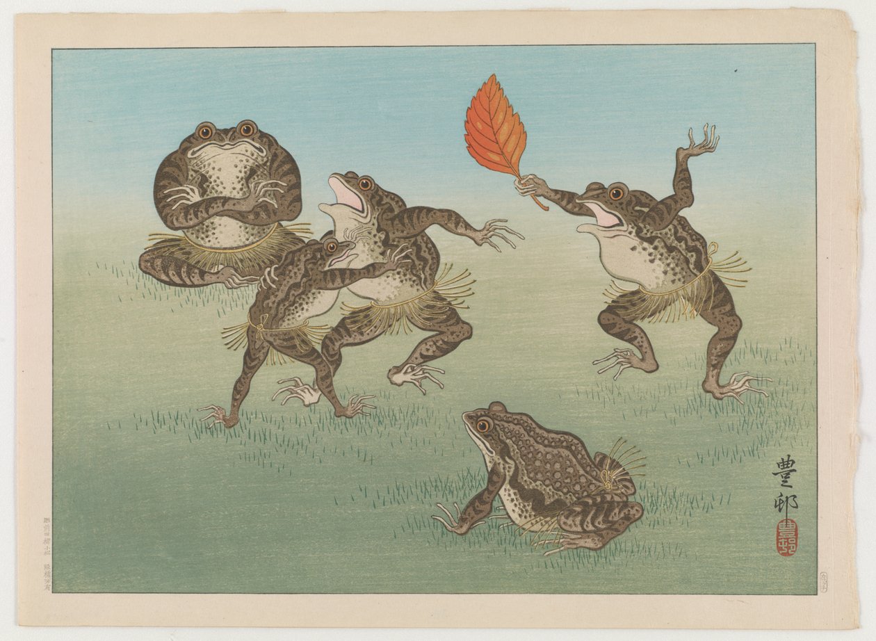 Sumopaini rupikonnat, n.1930 (värillinen puupalikkaprintti) tekijältä Ohara Koson
