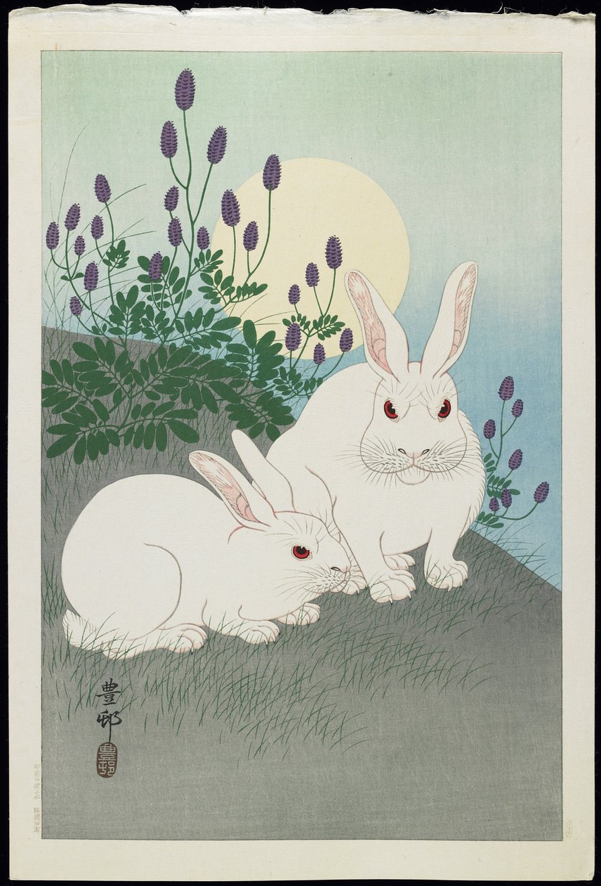 Kaksi valkoista kania täysikuun alla, 1930-luku tekijältä Ohara Koson