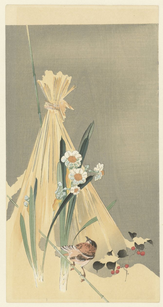 Laululintu heinänipussa tekijältä Ohara Koson (attributed to)