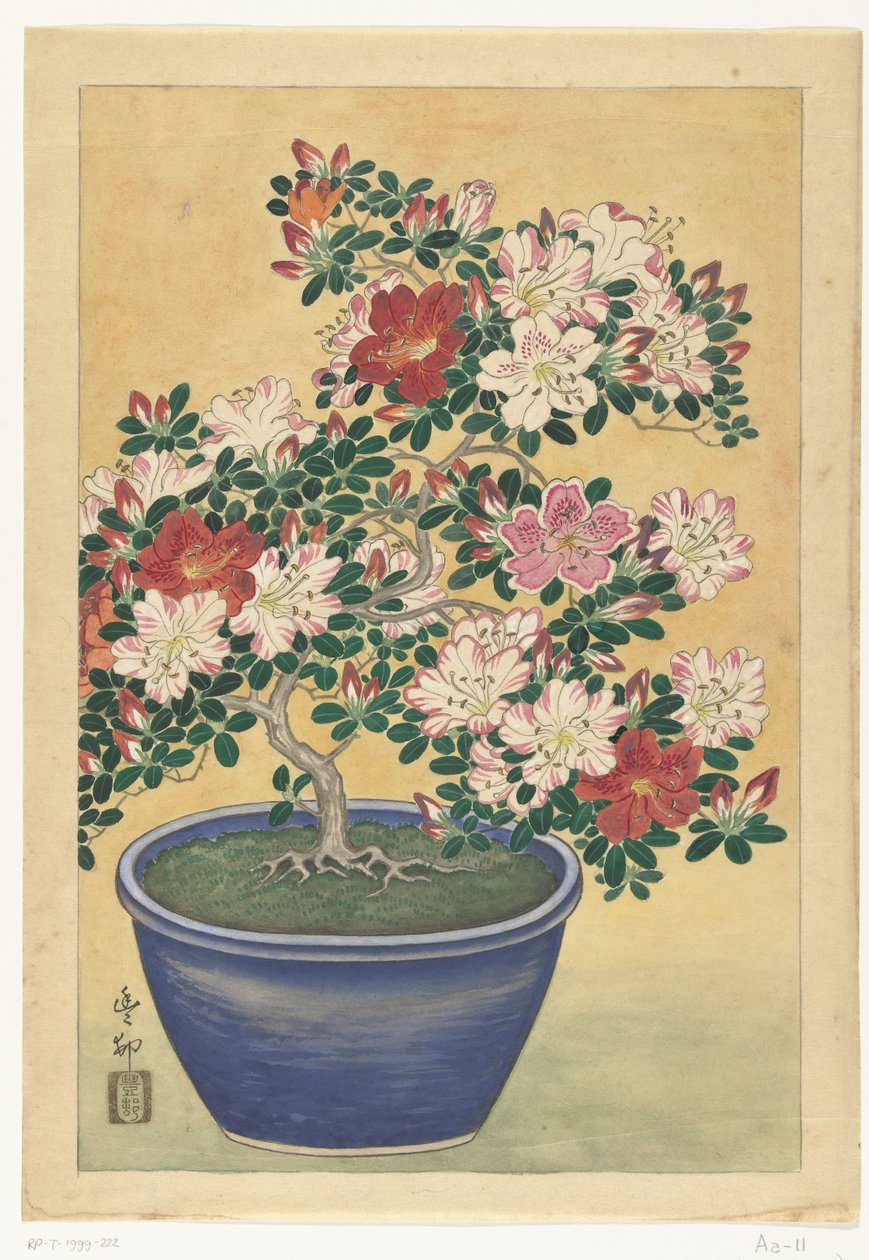 Kukkiva atsalea sinisessä ruukussa tekijältä Ohara Koson (signed by artist)