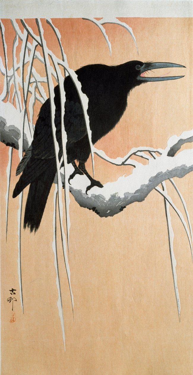 Korppi lumisella oksalla Ohara Kosonin (1877-1945) ksylografia ja japanilainen vedos 1910 Yksityinen kokoelma DR tekijältä Ohara Koson