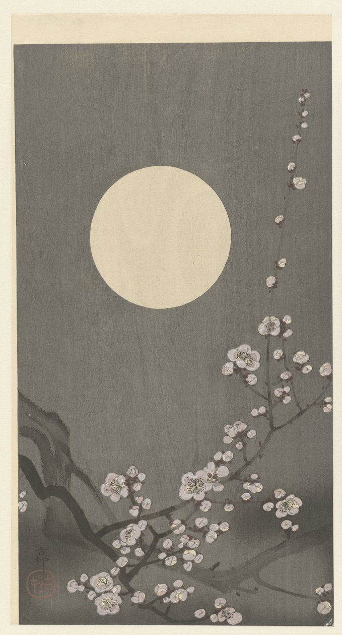 Kukkiva luumukukka täysikuussa tekijältä Ohara Koson