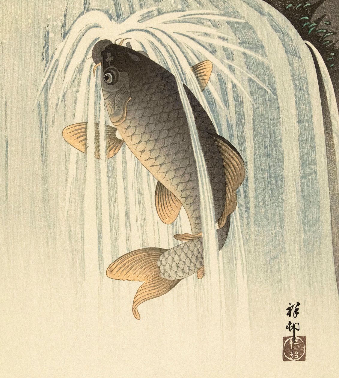 Carp Under a Waterfall, japanilainen taiteilija Ohara Koson tekijältä Ohara Koson