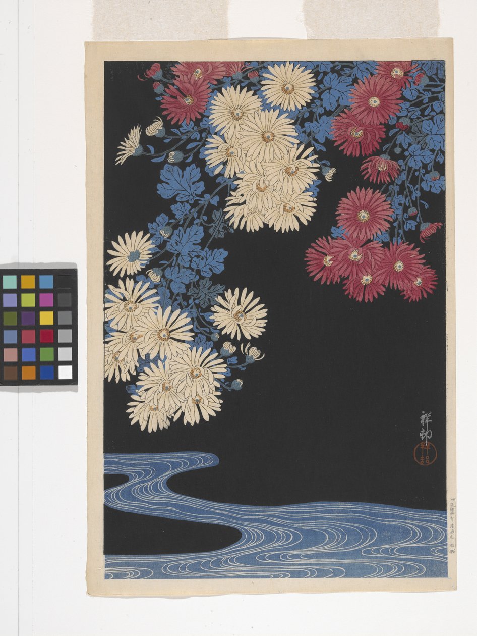 Krysanteemit ja virta (värillinen puupainatus) tekijältä Ohara Koson
