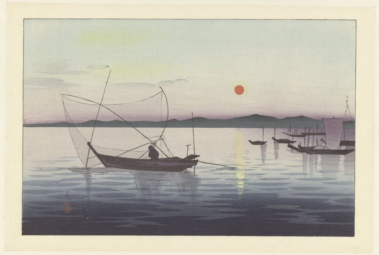 Kalastusveneet auringonlaskun aikaan tekijältä Ohara Koson