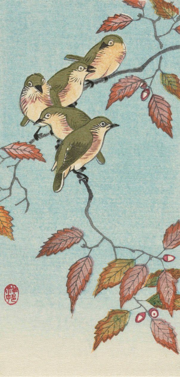 Viisi pientä lintua oksalla, japanilainen taiteilija Ohara Koson tekijältä Ohara Koson