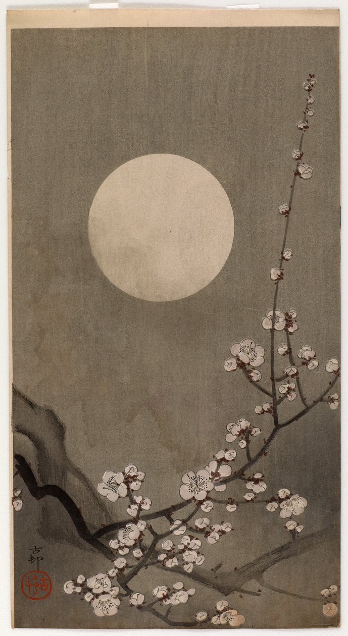 Kukkiva luumu ja kuu (värillinen puupainatus) tekijältä Ohara Koson