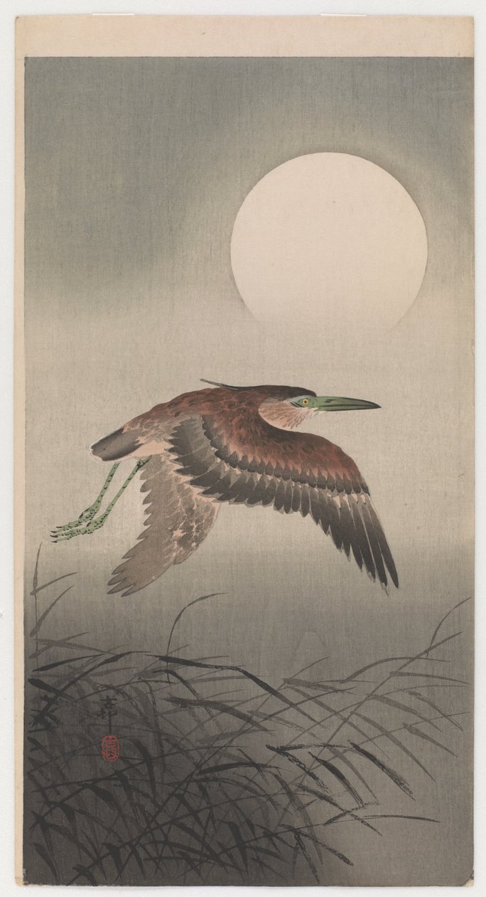 Flying Heron and Full Moon (värillinen puupalikkaprintti) tekijältä Ohara Koson