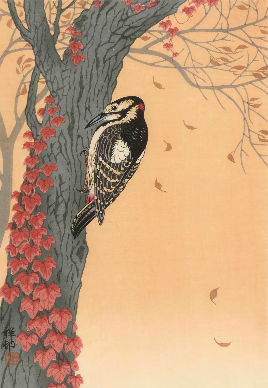 Isotikka puussa punaisen muratin kanssa, 1900-luku (japanilainen printti) tekijältä Ohara Koson