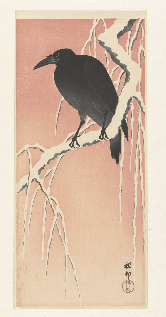 Varis lumisella oksalla. tekijältä Ohara Koson