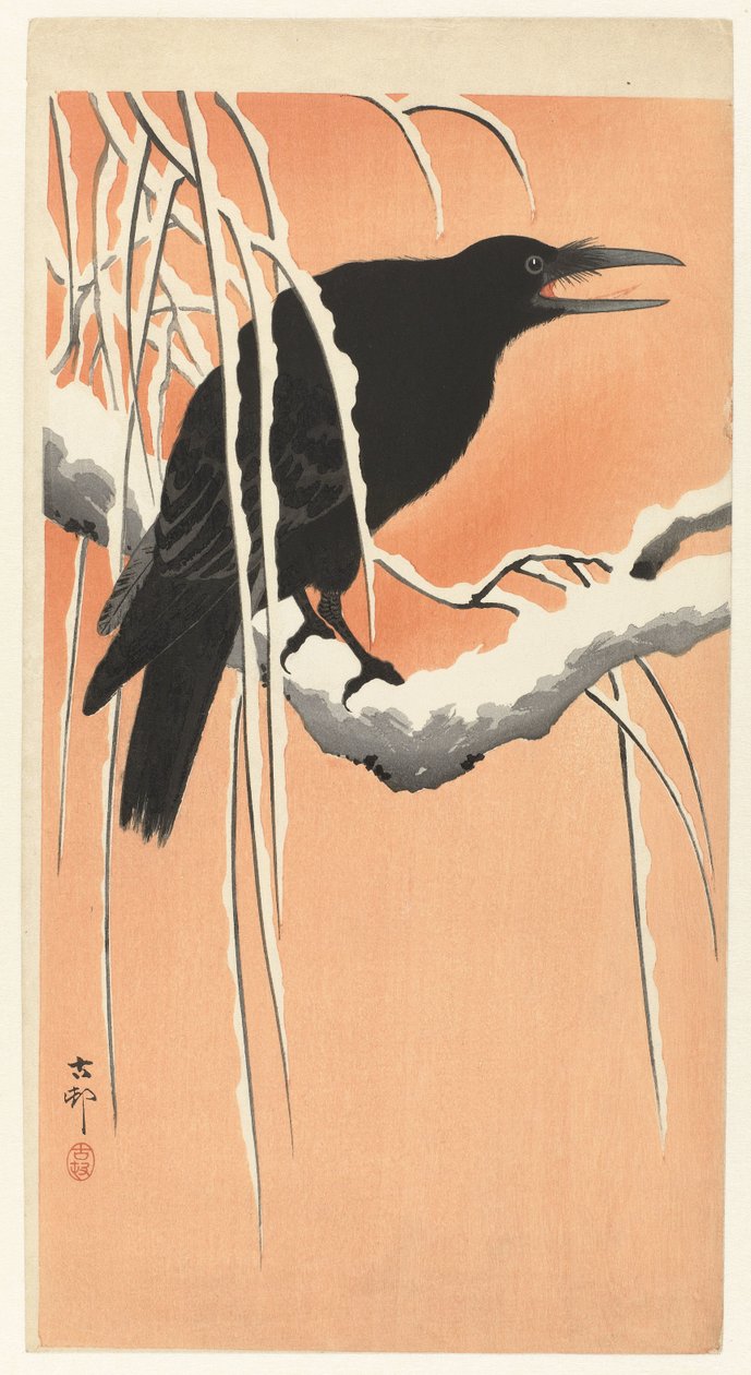 Varis lumisella oksalla tekijältä Ohara Koson