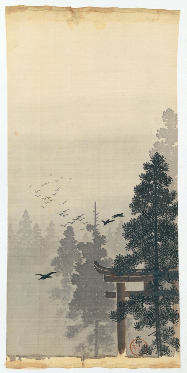 Maisema lintuparven ja torien kanssa tekijältä Ohara Koson