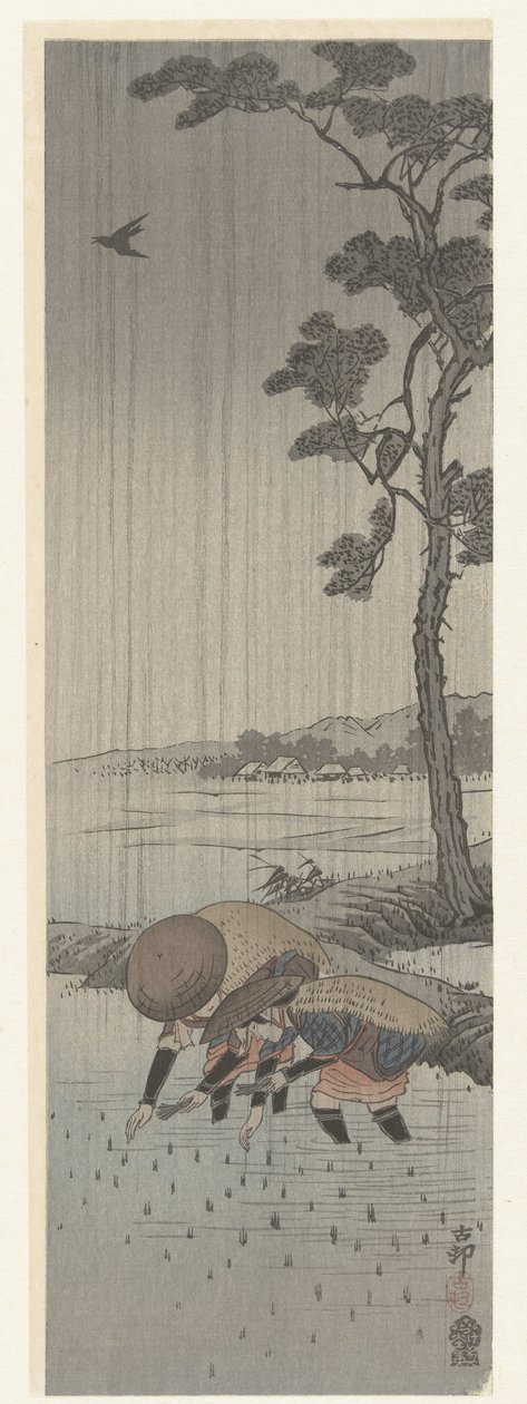 Riisinistutuskoneet sateessa tekijältä Ohara Koson