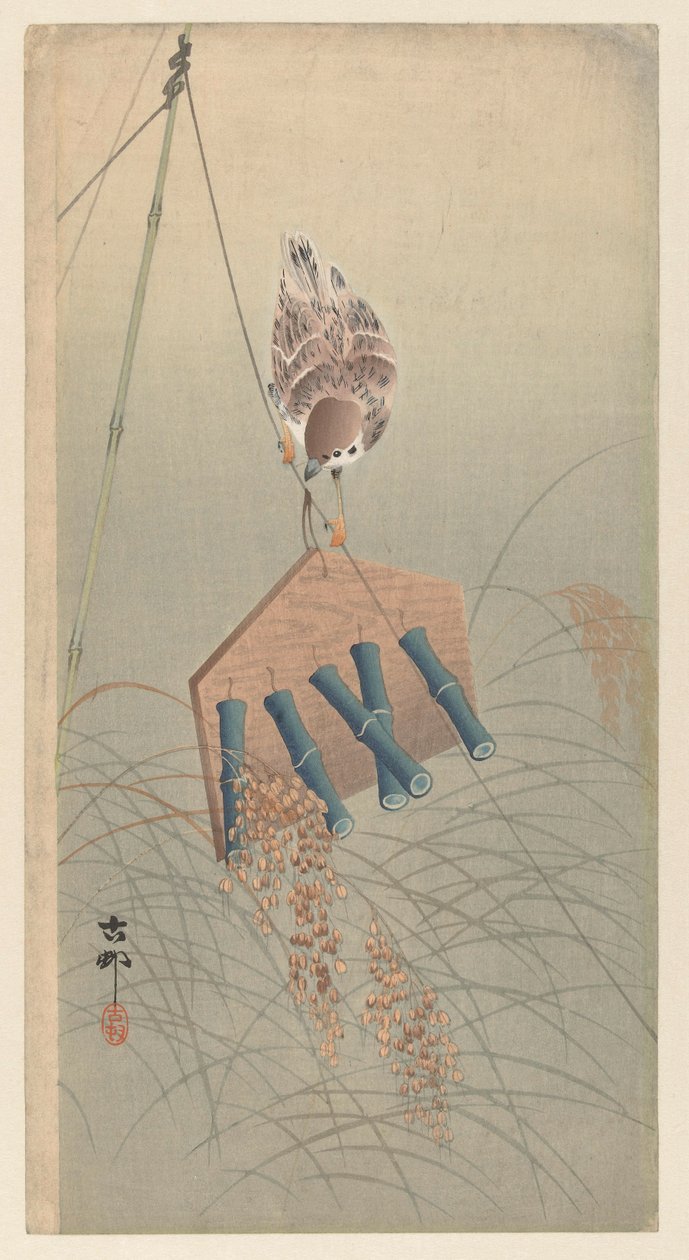 Varpunen variksenpelätin päällä tekijältä Ohara Koson