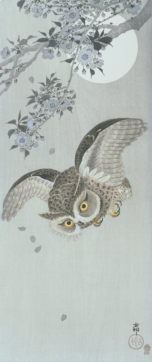 Kauhapöllö lennossa kukkien ja täysikuun kanssa (värillinen puupalikkaprintti) tekijältä Ohara Koson