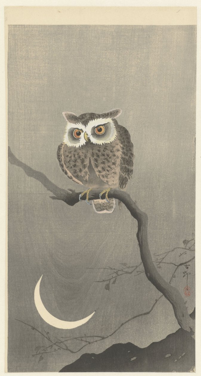 Scops pöllö oksalla puolikuun kanssa tekijältä Ohara Koson