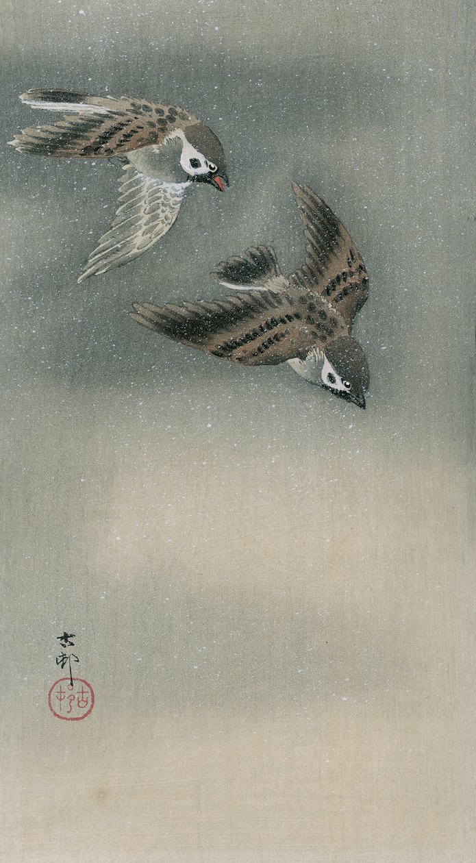 Varpuset lennossa (värillinen puupalikkaprintti) tekijältä Ohara Koson