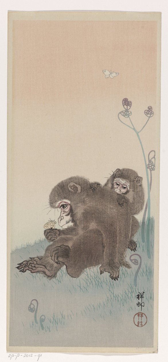Kaksi apinaa perhonen kanssa, n. 1900-45 (värillinen puupiirros) tekijältä Ohara Koson