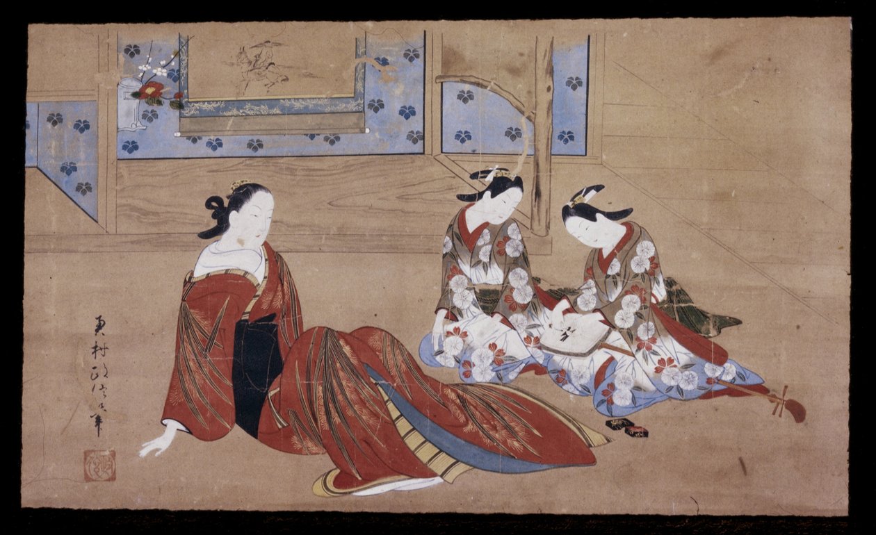 Nikuhitsu ukiyo-e: Courtesaani ja kaksi hoitajaa, n. 1735 (muste, väri ja gofu paperille) tekijältä Okumura Masanobu