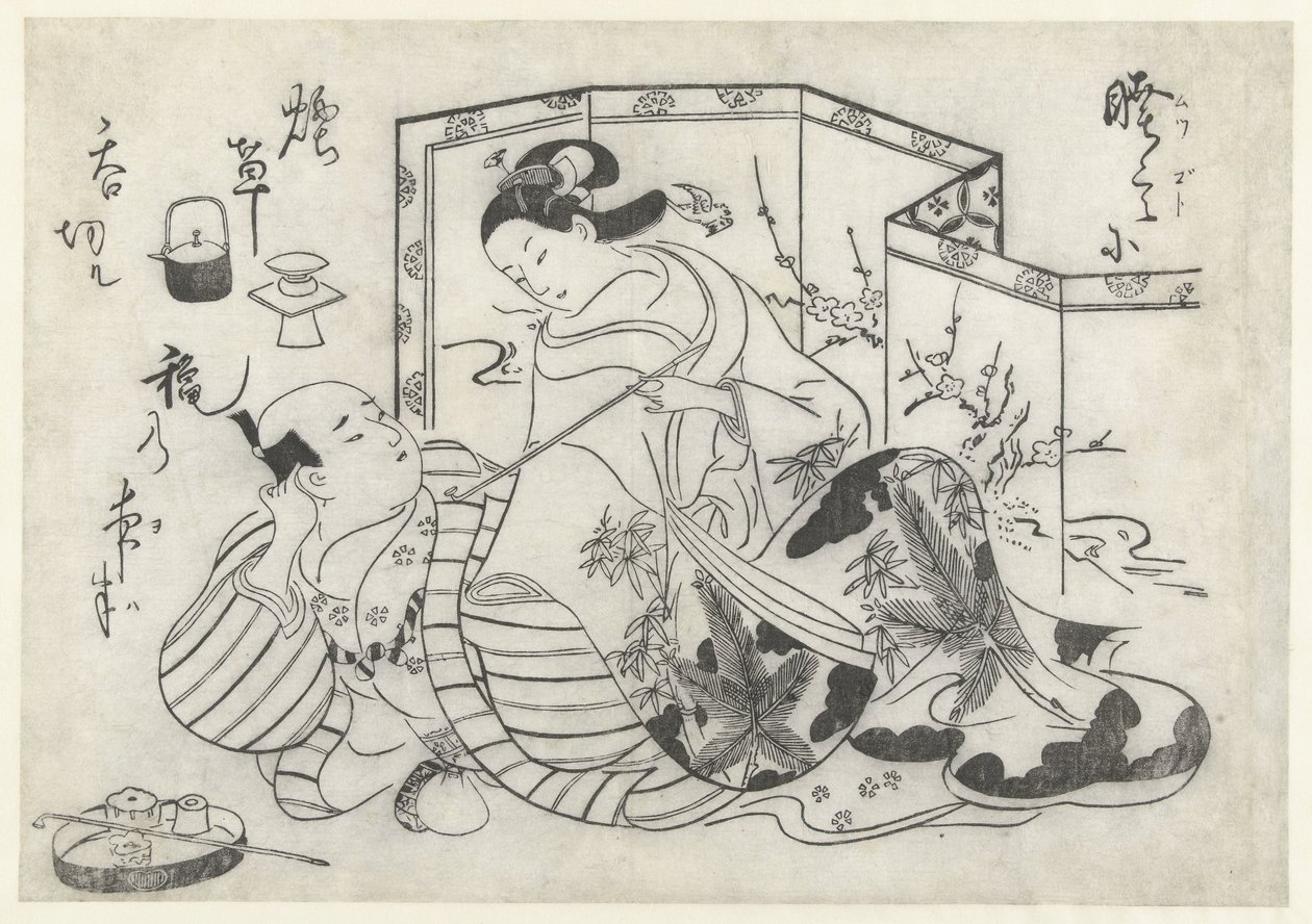 Japanilainen mies ja nainen tupakoivat taitettavan näytön edessä tekijältä Okumura Masanobu (attributed to)