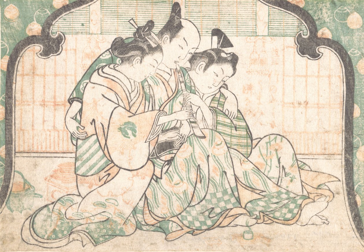 Nuori mies istuu kahden naisen välissä, n. 1749, n. 1749. tekijältä Okumura Masanobu