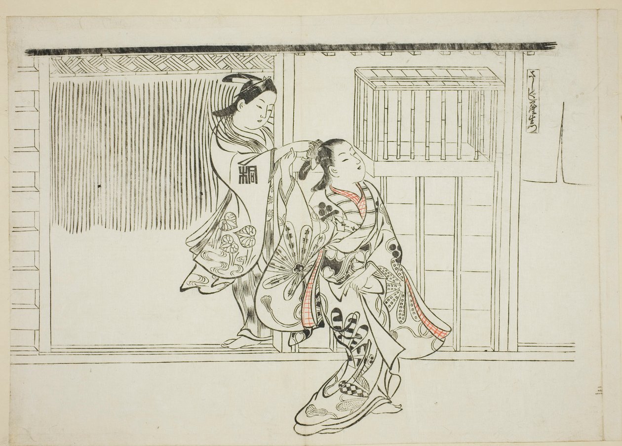 Comb Rashomon (Sashigushi Rashomon), nro. 3 12 vedoksen sarjasta, joka kuvaa näytelmien parodioita. tekijältä Okumura Masanobu