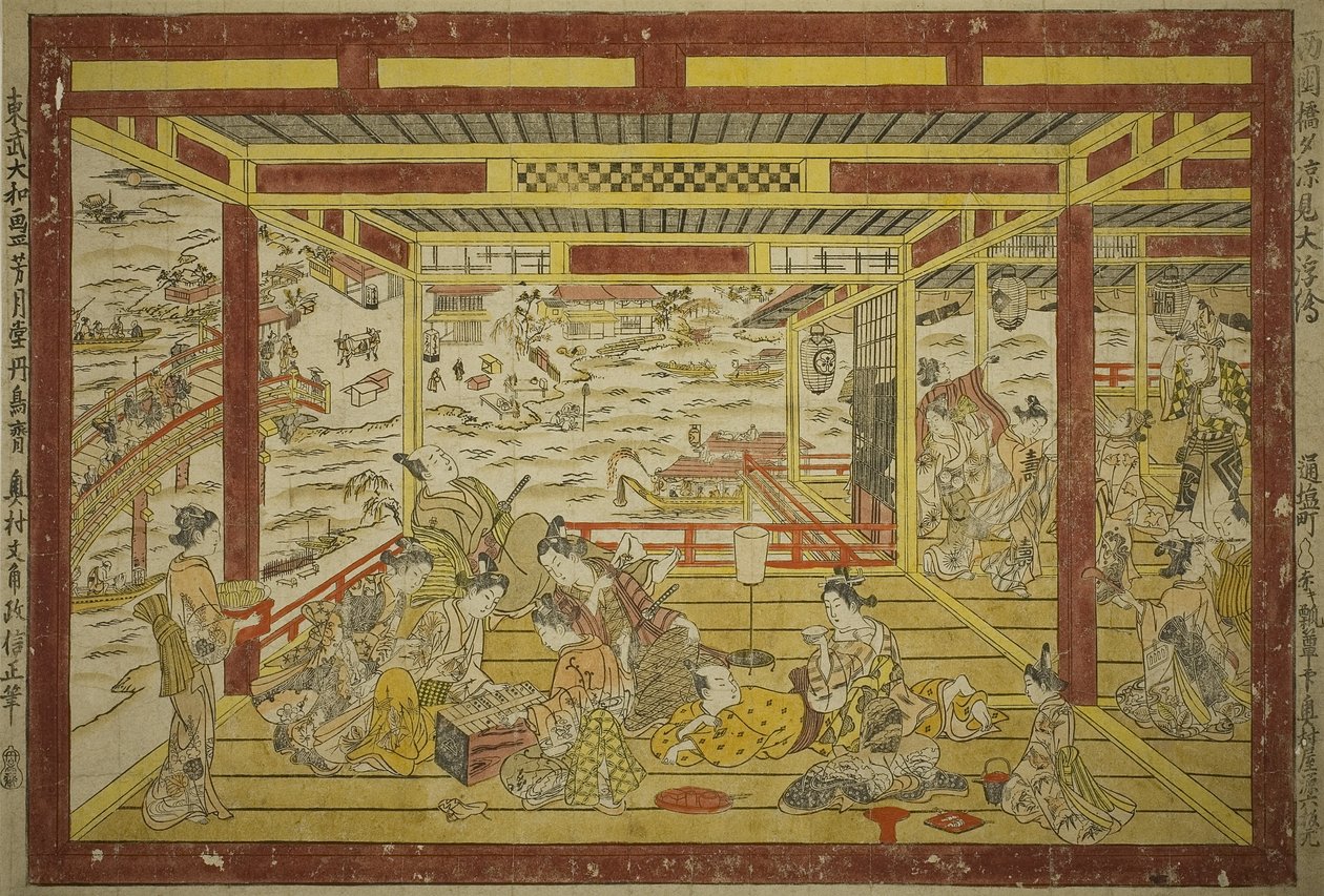 Nautitaan iltaviileydestä lähellä Ryogoku-siltaa tekijältä Okumura Masanobu