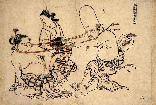 Fukuro Jin yrittää nostaa vinssiä (puupainatus) tekijältä Okumura Masanobu